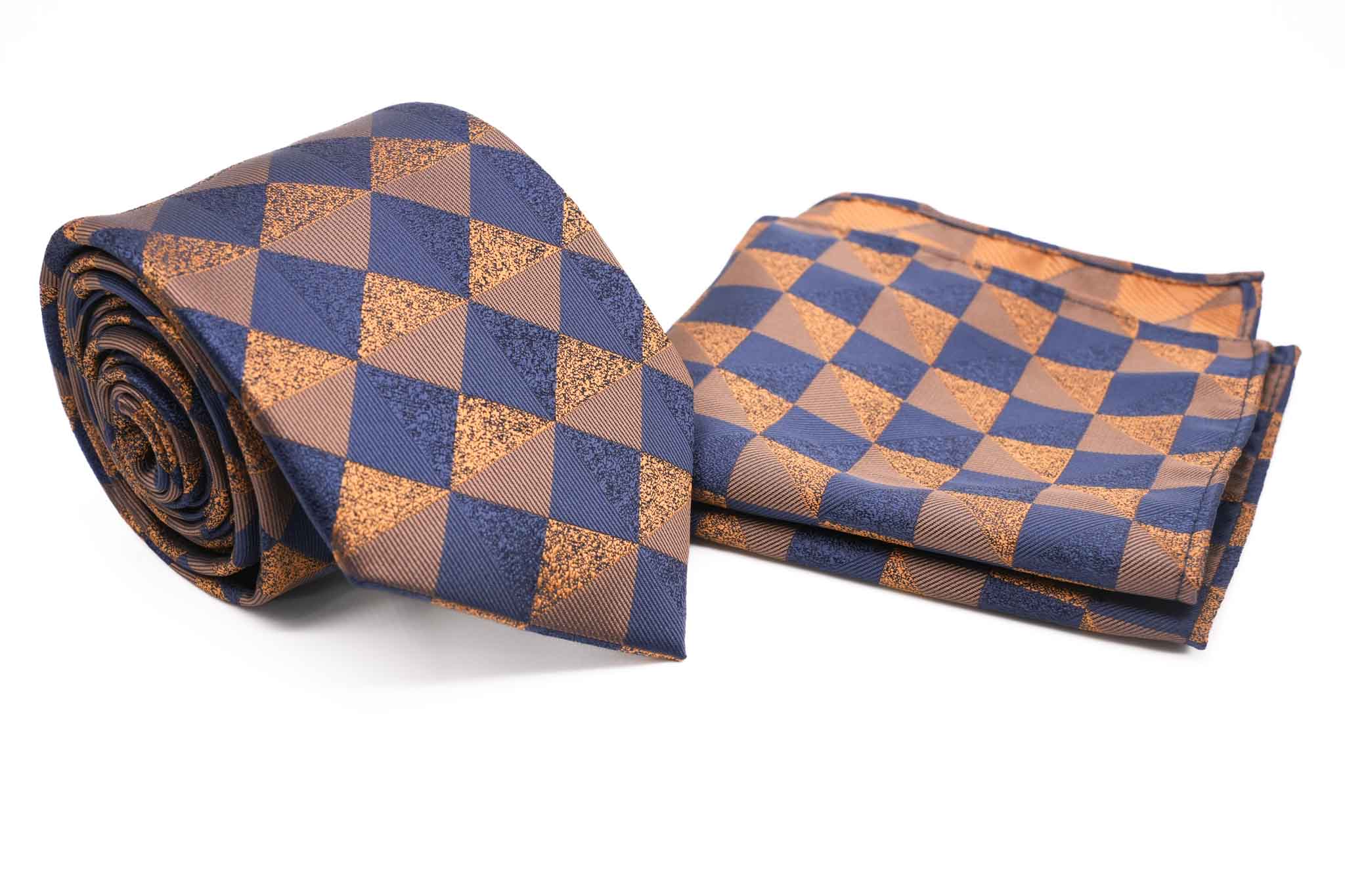Navy and Gold Checkered Pattern Men's Tie and Pocket Square Set