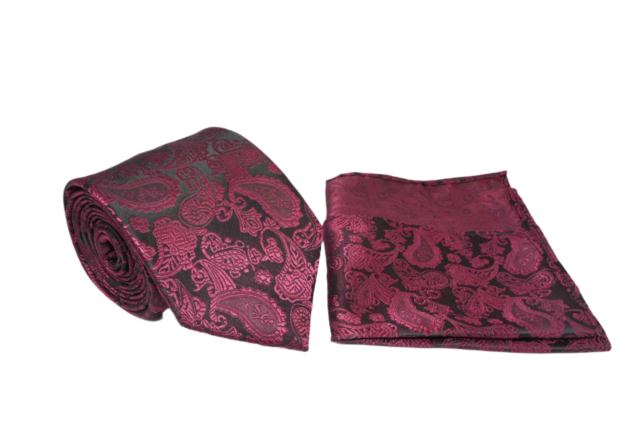 Burgundy Black Paisley Pattern Men's Tie and Pocket Square Set