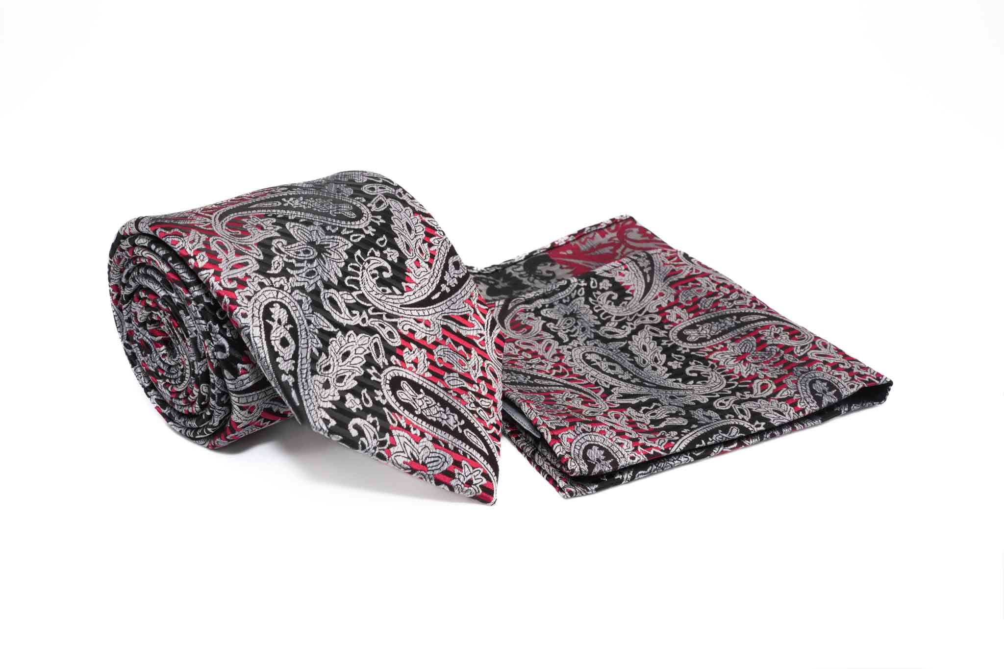 Black Red Paisley Pattern Men's Tie and Pocket Square Set