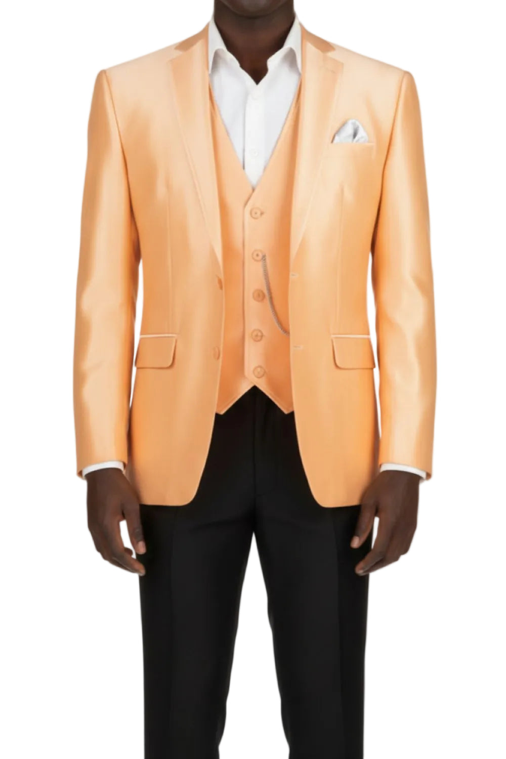 Orange suit jacket with black pants on a white background