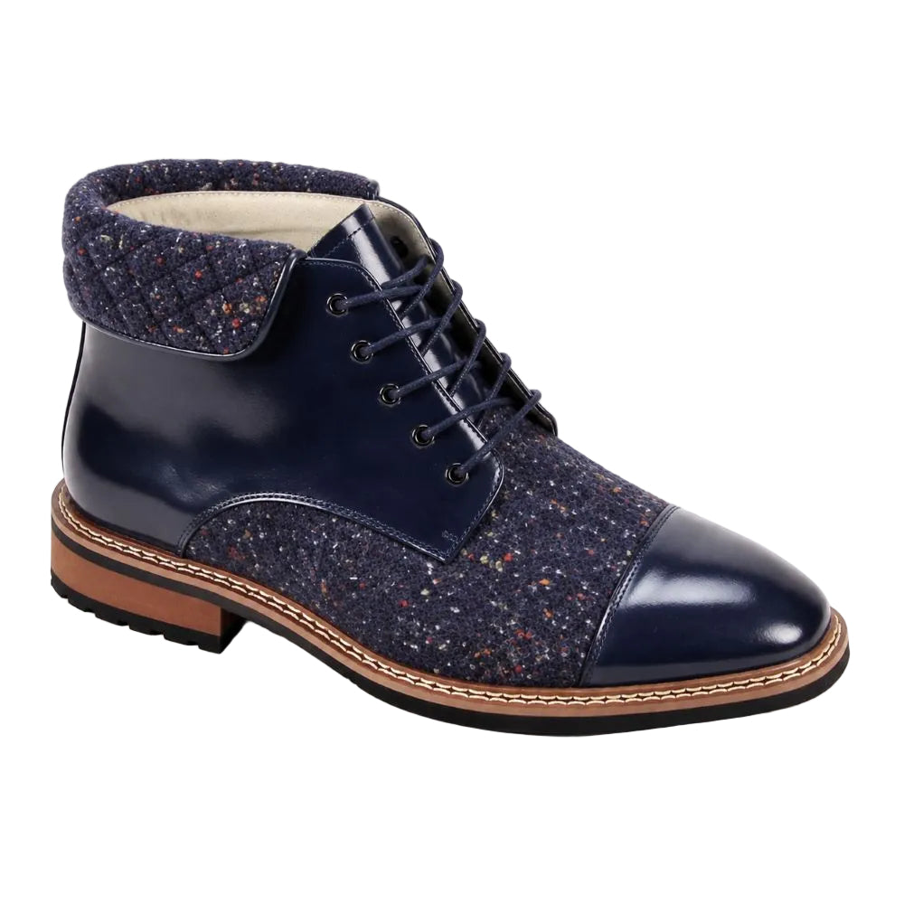 Stuart Collection - Navy Leather Cap Toe Quilted Collar Lace-Up Boots