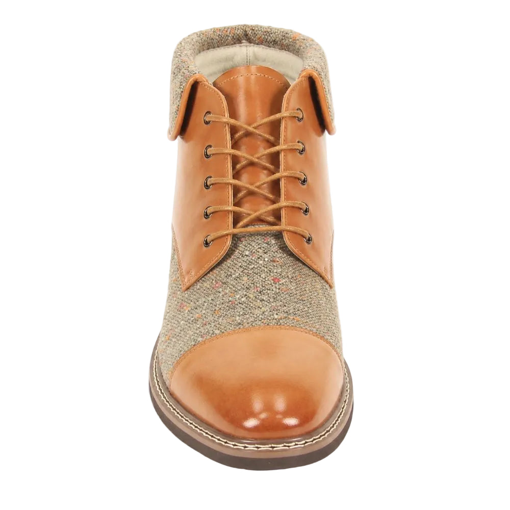 A single lace-up ankle boot shown from a front-facing overhead angle on a clean white background. The boot features smooth tan leather panels on the sides and toe, with a speckled tweed upper in beige, brown, and muted red tones, and matching tan laces.