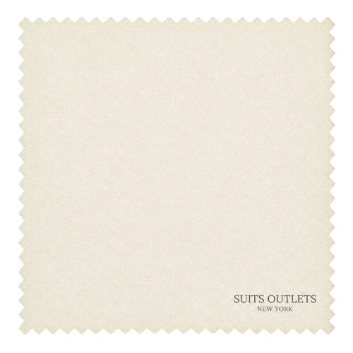 A square fabric swatch with serrated edges in a light cream or off-white color, featuring the text 'SUITS OUTLETS NEW YORK' printed near the bottom right corner.