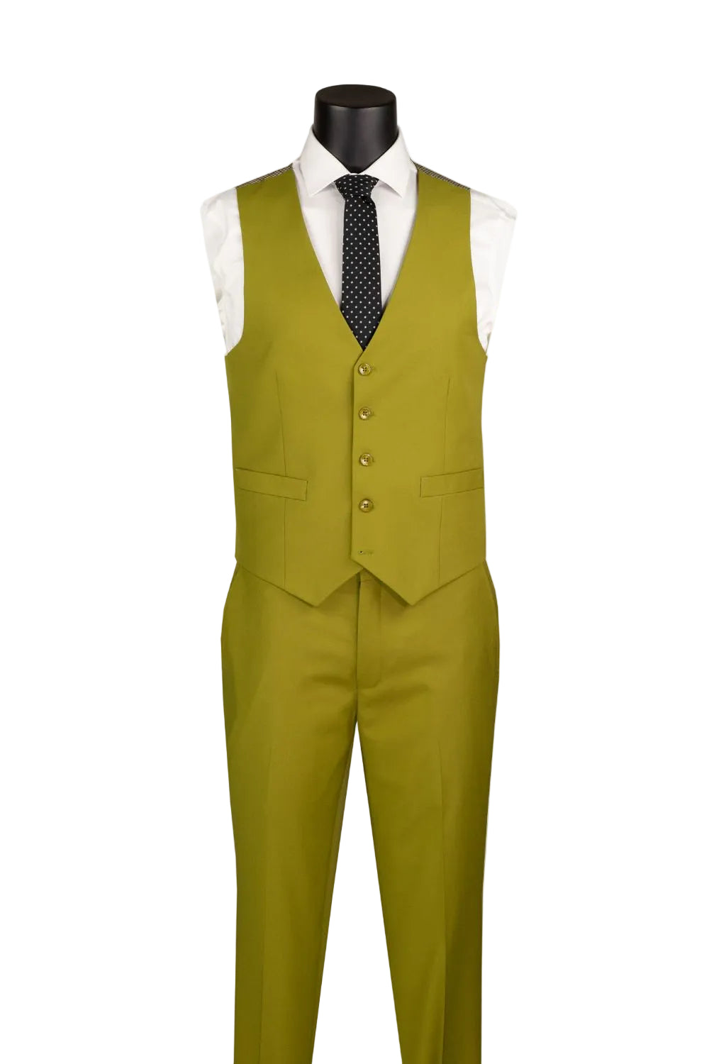 A men's three-piece suit in a muted olive yellow-green color, displayed on a black mannequin torso with a white dress shirt, a black patterned tie, and a black vest.