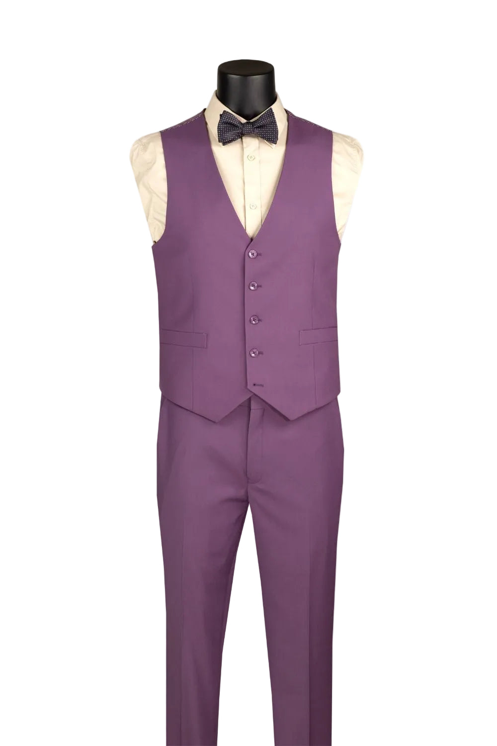 A men's formal suit set displayed on a mannequin torso, featuring a purple vest and matching trousers, styled with a cream dress shirt and a black bow tie against a plain white background.