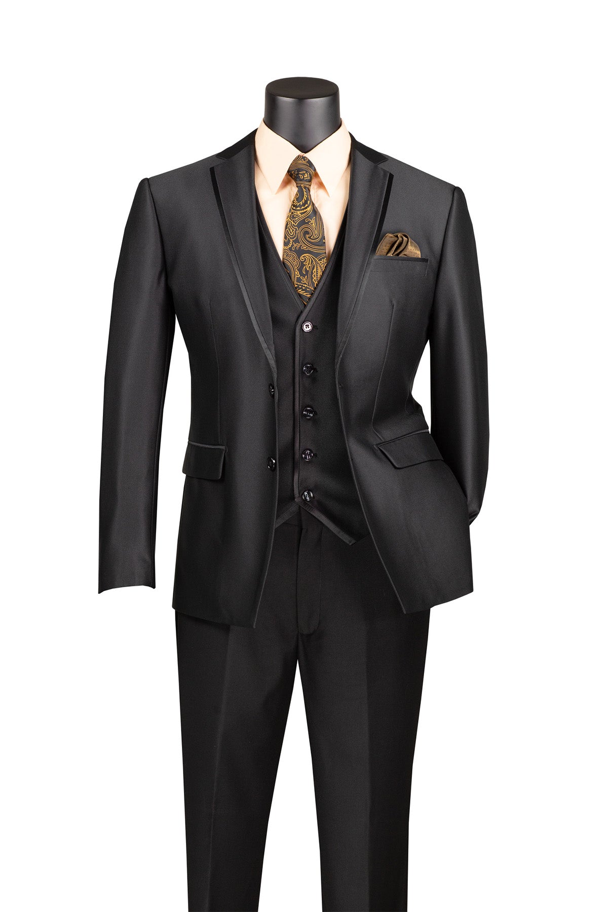 Vinci black slim fit 3-piece satin suit. Detail shot of the luxurious fabric, sharp lapel, and elegant tie.
