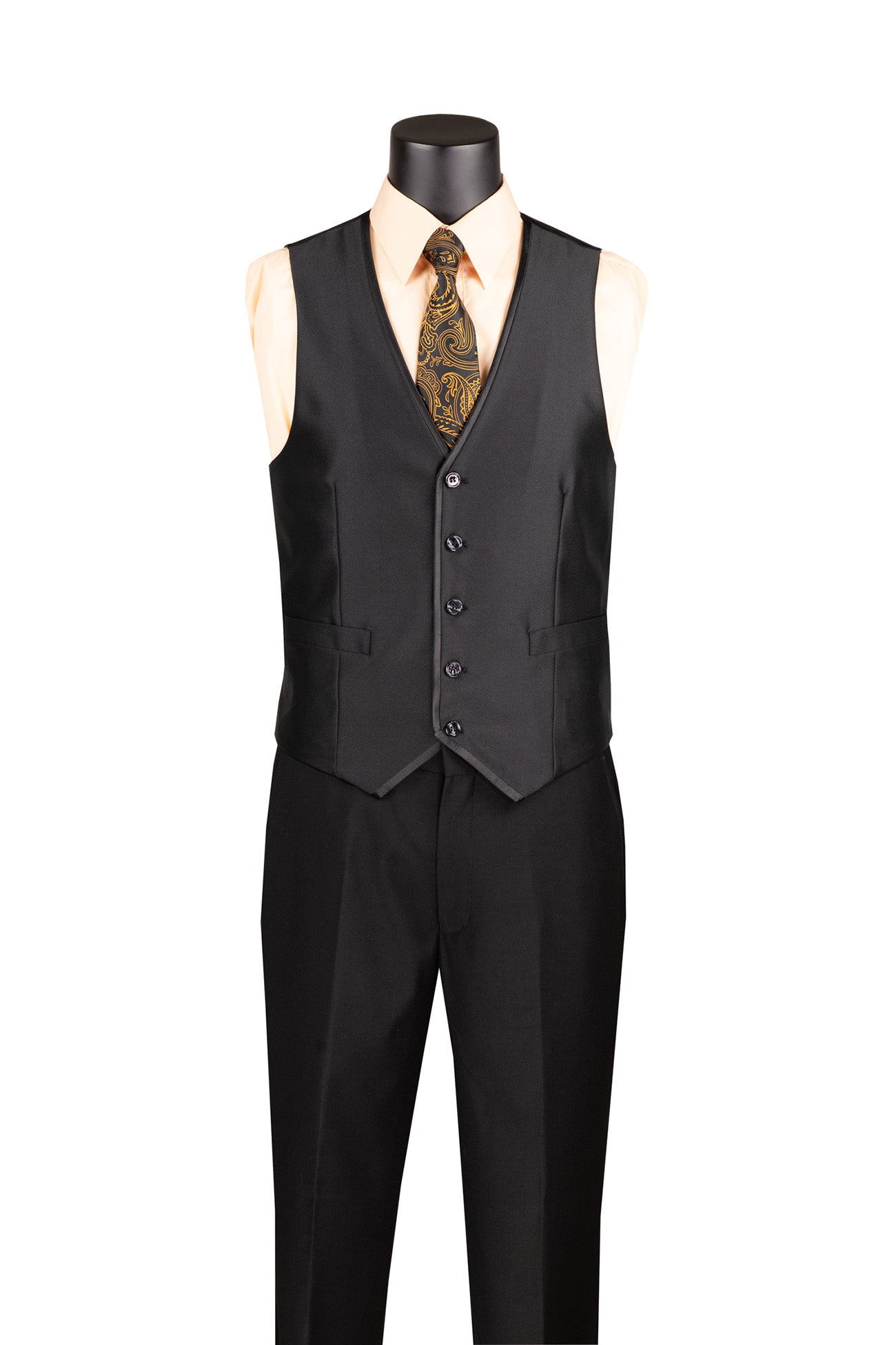 Detail of Vinci black slim fit 3-piece satin suit: jacket, vest, tie, and pant fabric. Refined luxury.