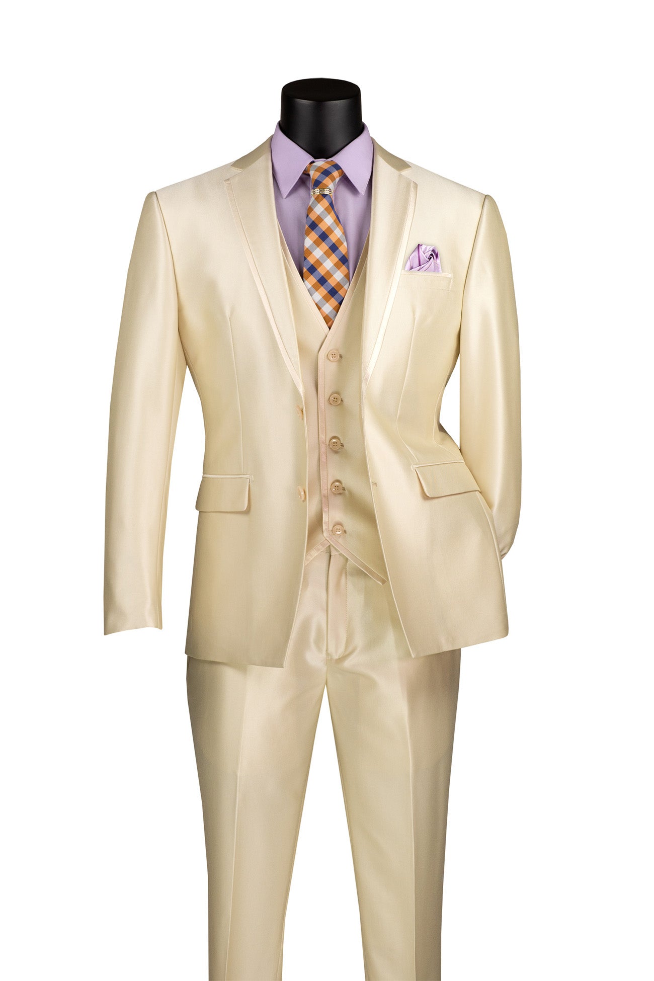 Detail shot of a luxurious Vinci Slim Fit 3 Piece Satin Suit in elegant Champagne Beige, highlighting the premium fabric.