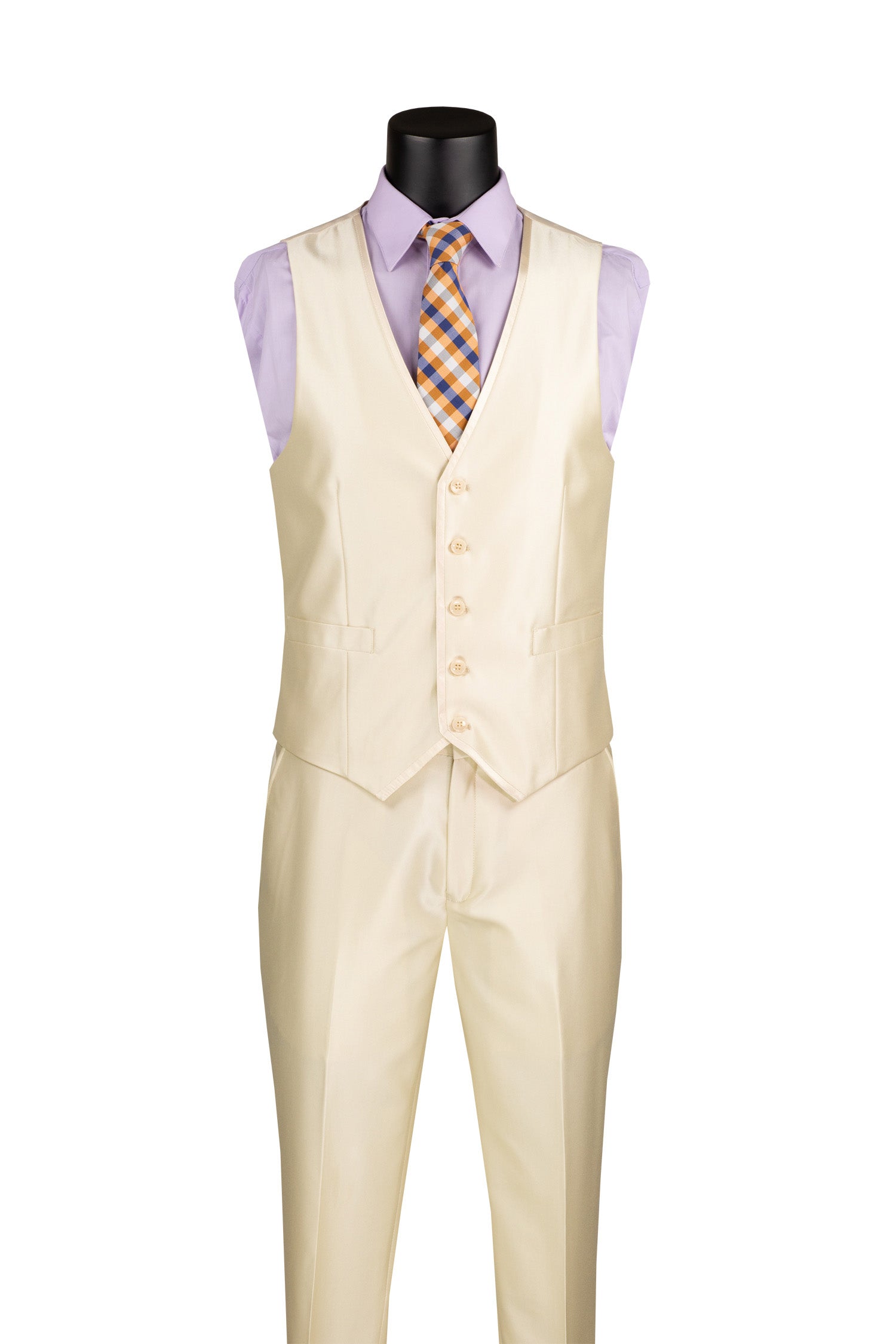 Detail of Vinci men's slim fit champagne beige satin suit pants and tie, showcasing luxurious, smooth fabric.