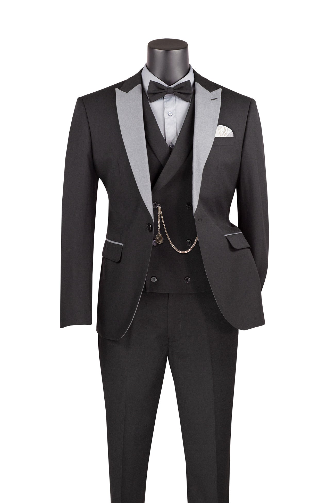 Close-up of a black Vinci slim fit 3-piece tuxedo, showing jacket, matching bow tie, and pants.