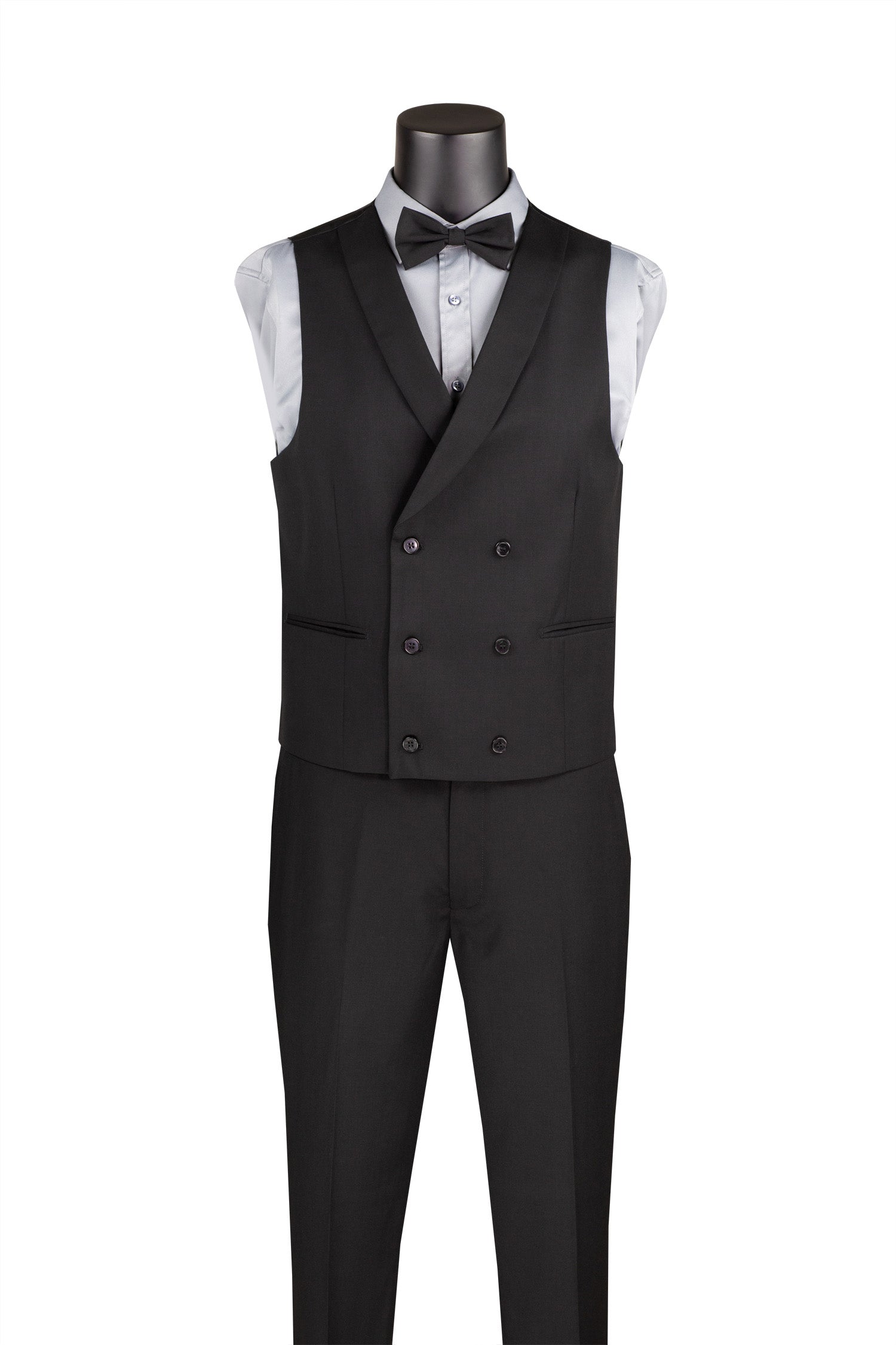 Close-up of a premium Vinci black slim fit tuxedo, featuring the refined matching bowtie and tailored trousers.