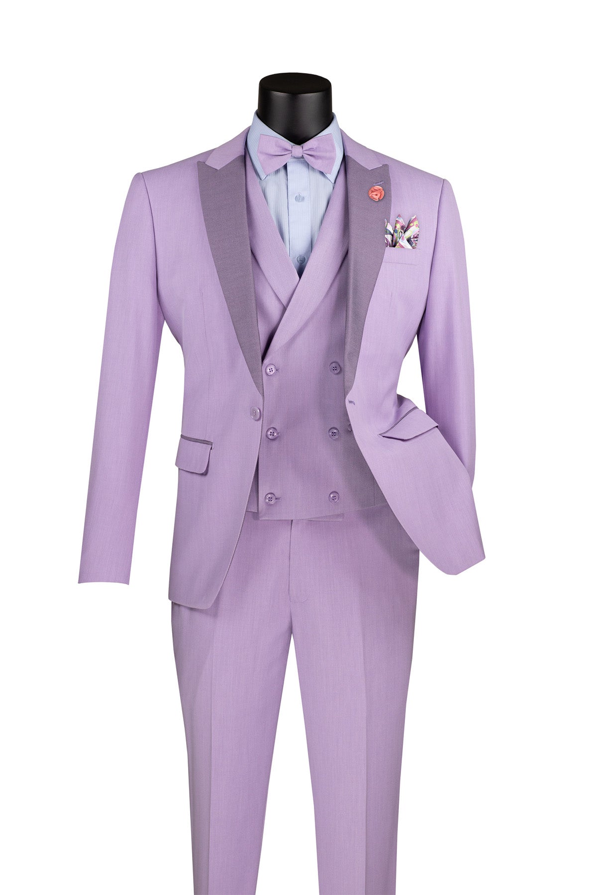 Detail of Vinci's premium slim-fit lavender 3-piece tuxedo, featuring the jacket's elegant lapel and luxurious fabric.