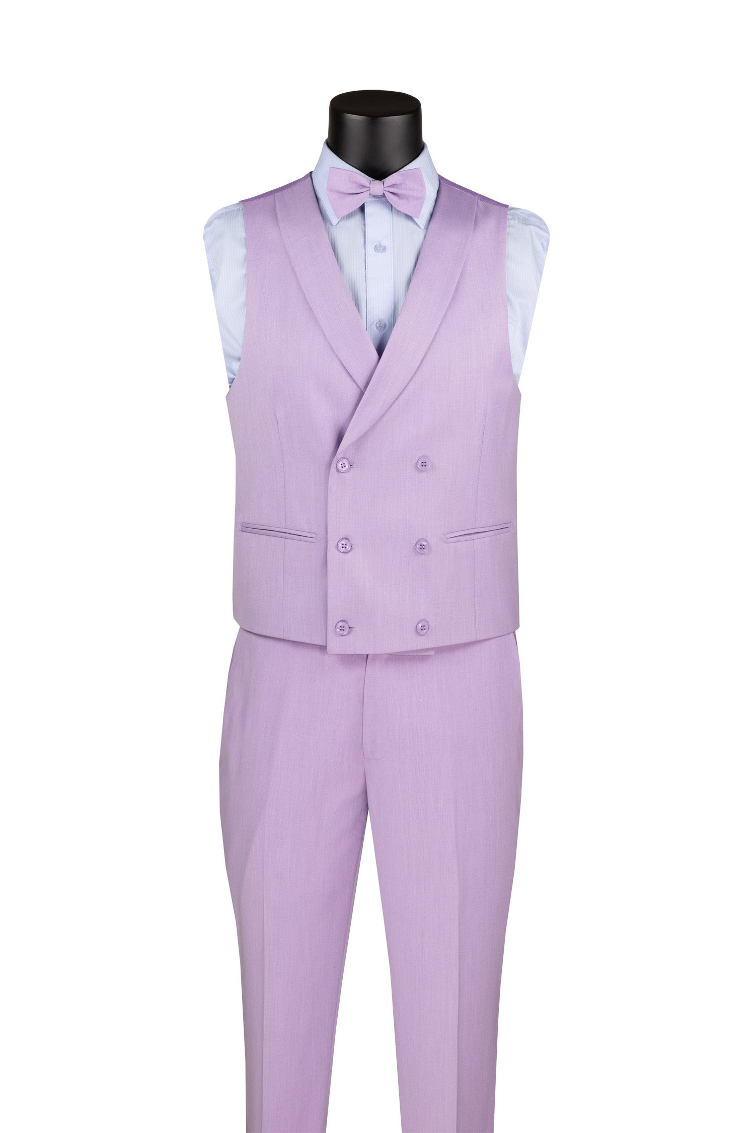 Detail shot: Luxurious lavender slim fit 3-piece tuxedo, showcasing the elegant jacket, trousers, and matching bow tie.