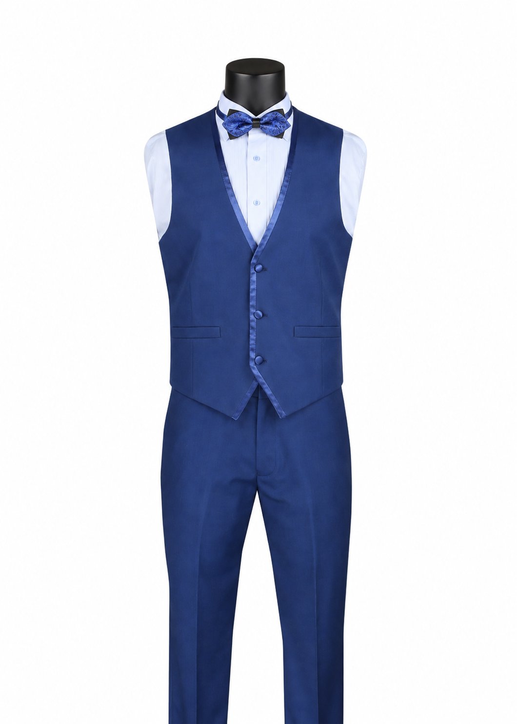Gilet et pantalon de smoking bleu trois-pièces coupe ajustée pour homme, vue de face