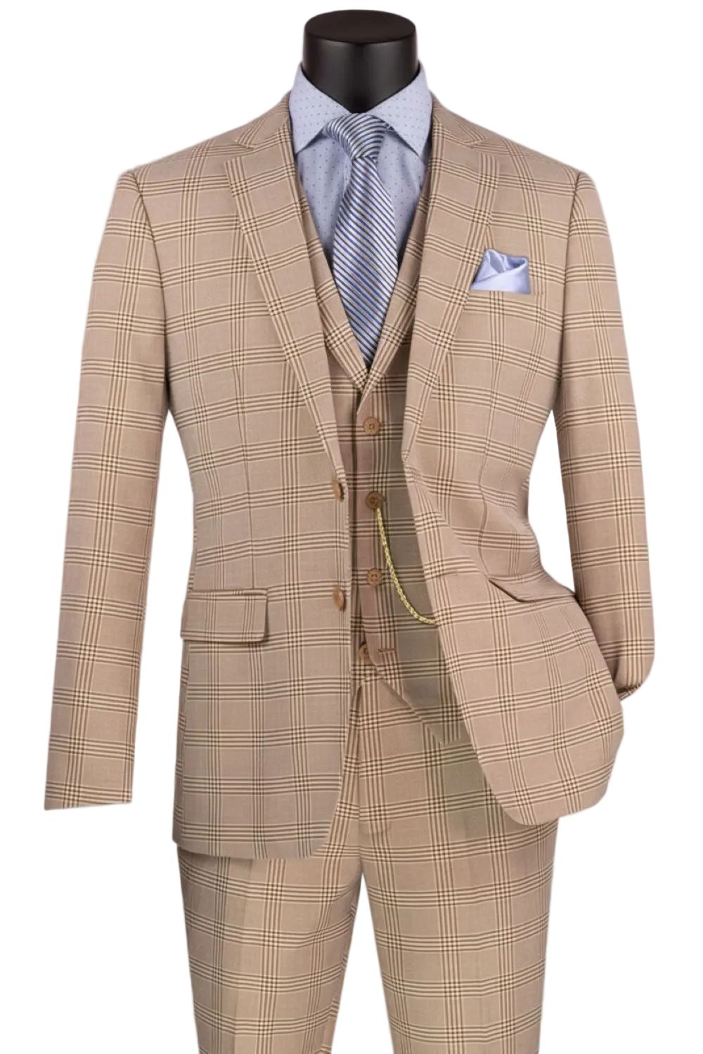 Slim Fit Suit Windowpane 3 Piece with Vest in Beige