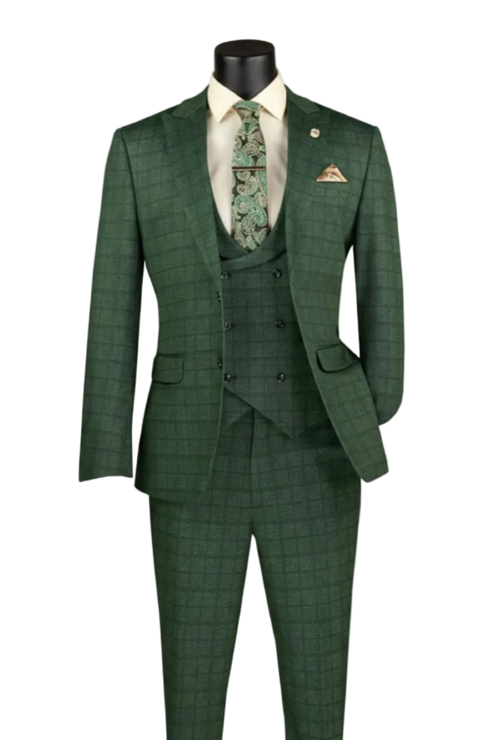 Green Plaid Suit 3 Piece Slim Fit - Peak Lapel Stretch Fabric