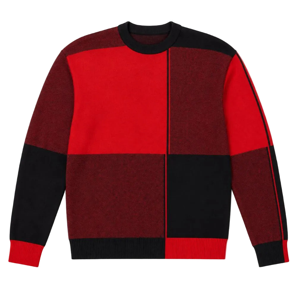 A colorblock crewneck sweater with a bold red and black block pattern, featuring red and black panels on the body, sleeves, and ribbed collar, cuffs, and hem.