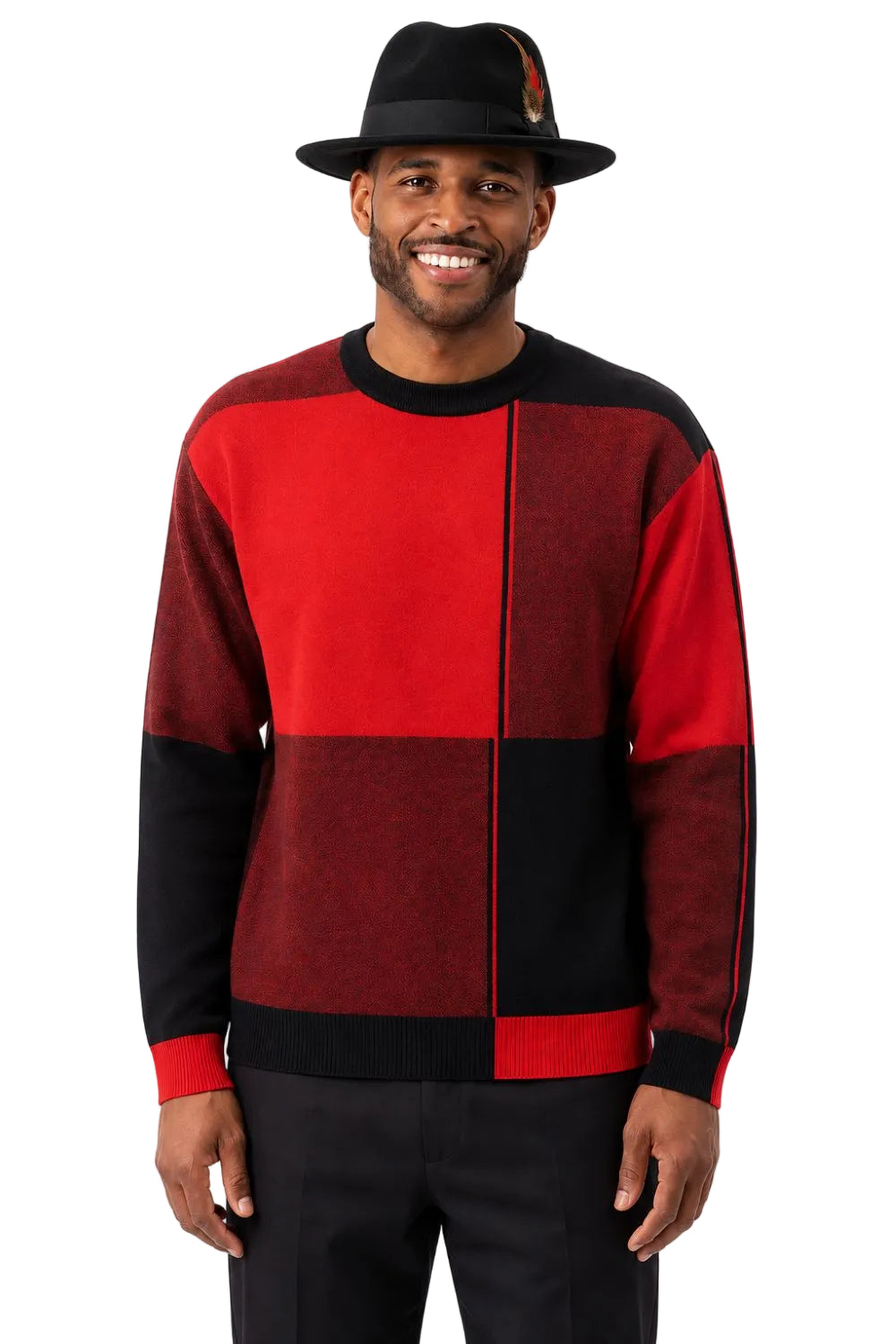 Men's Color Block Knit Sweater - Black/Red