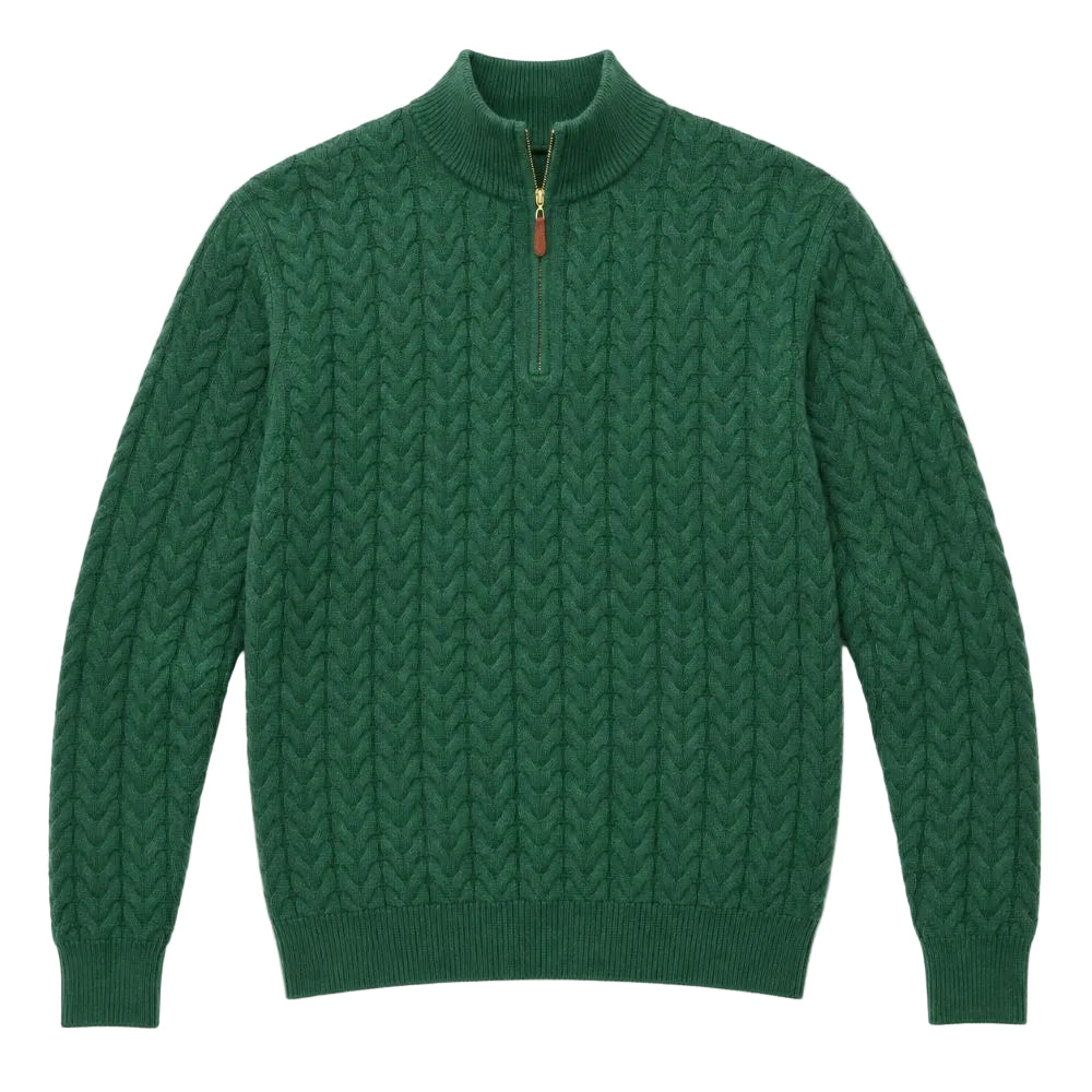 A dark green cable-knit quarter-zip sweater with a ribbed mock neck, cuffs, and hem, shown flat on a white background.