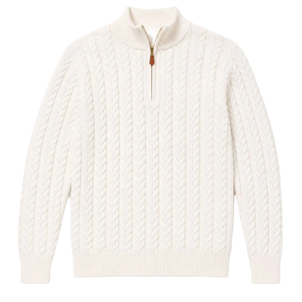 An off-white cable-knit quarter-zip sweater with a mock neck and a small brown leather pull tab, shown flat on a white background.