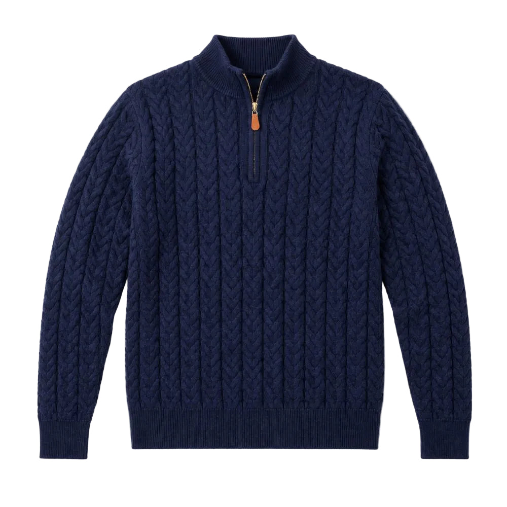 A navy blue cable-knit quarter-zip sweater with a stand collar and a small orange zipper pull, shown flat against a white background.