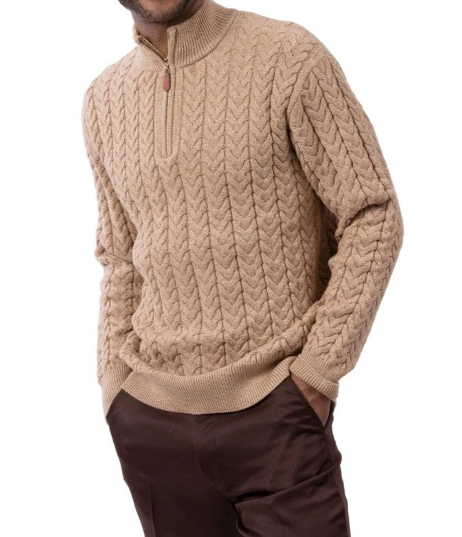 Men's Beige Quarter Zip Knit Sweater