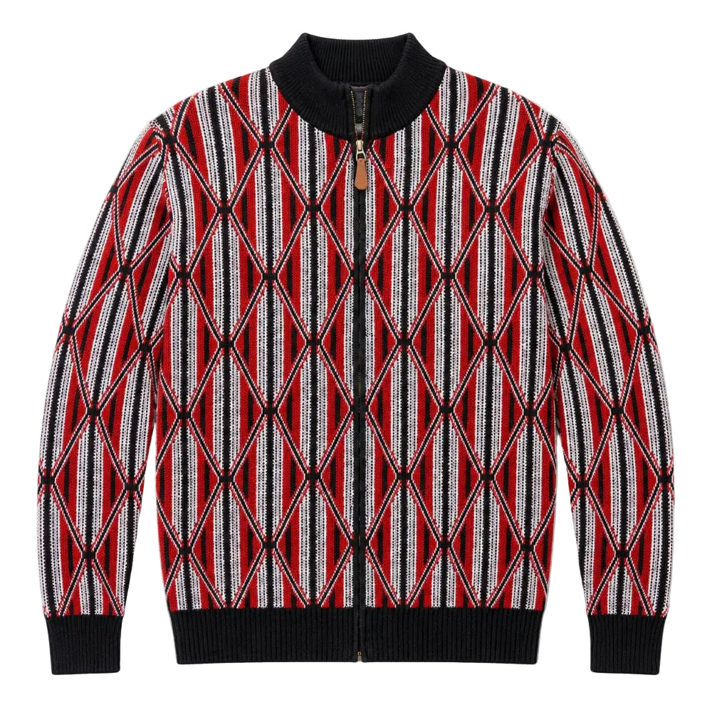 A knit zip-up jacket featuring a bold geometric diamond pattern in red, black, and white, with solid black ribbed collar, cuffs, and hem.