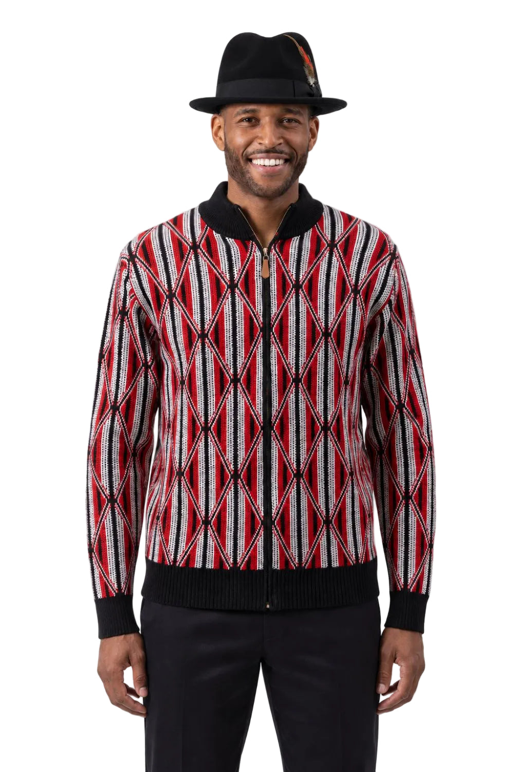 Black men's full zip geometric diamond sweater