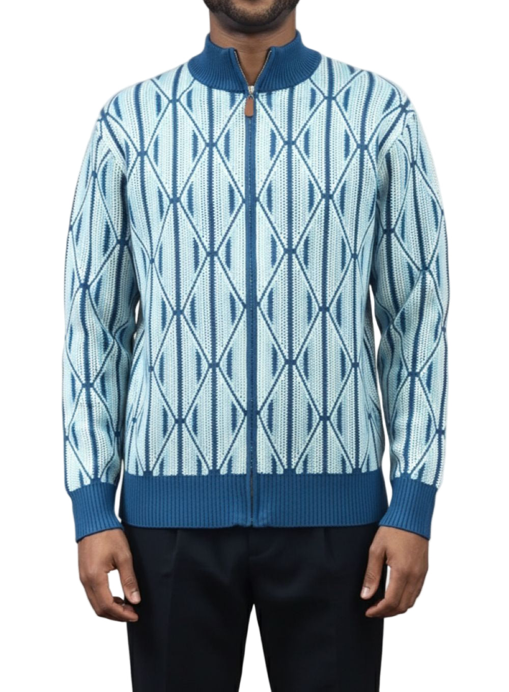 Men's Blue Full Zip-Up Geometric Diamond Pattern Sweater