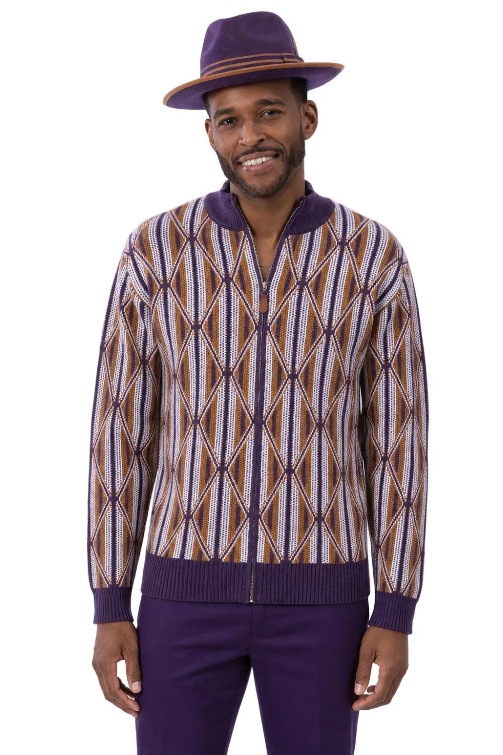 Plum men's full zip geometric diamond sweater