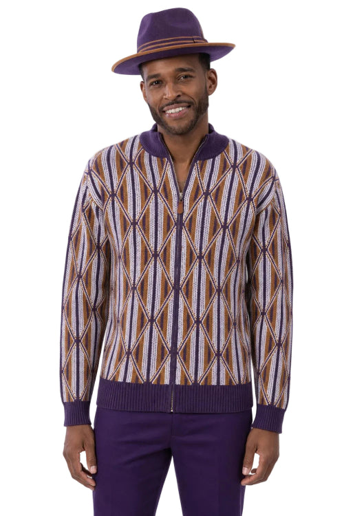 Plum men's full zip geometric diamond sweater