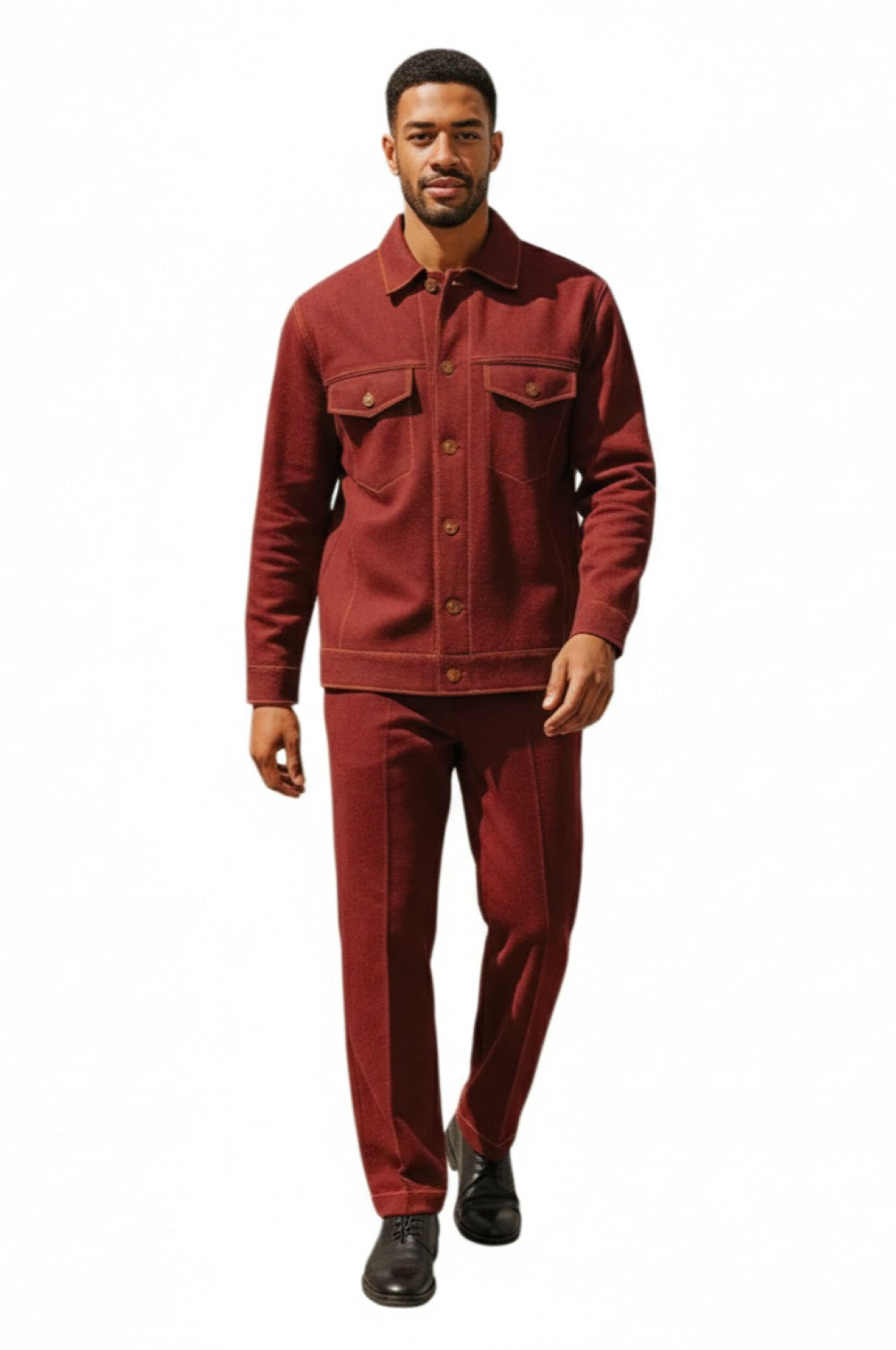 A detailed close-up of the solid collar on the Stacy Adams - Burgundy Knit Buttoned Jacket on a white background.