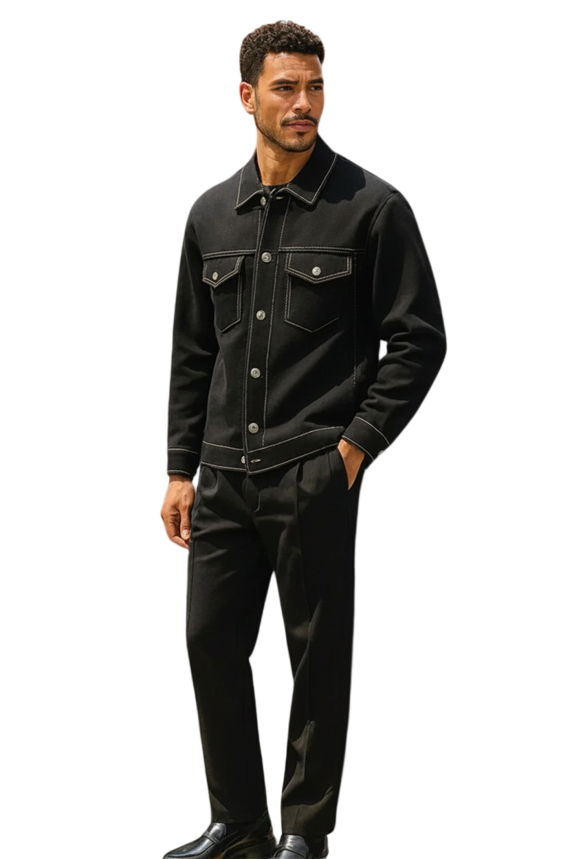 Front view of a man wearing a luxurious Stacy Adams black knit buttoned blazer and matching trousers.