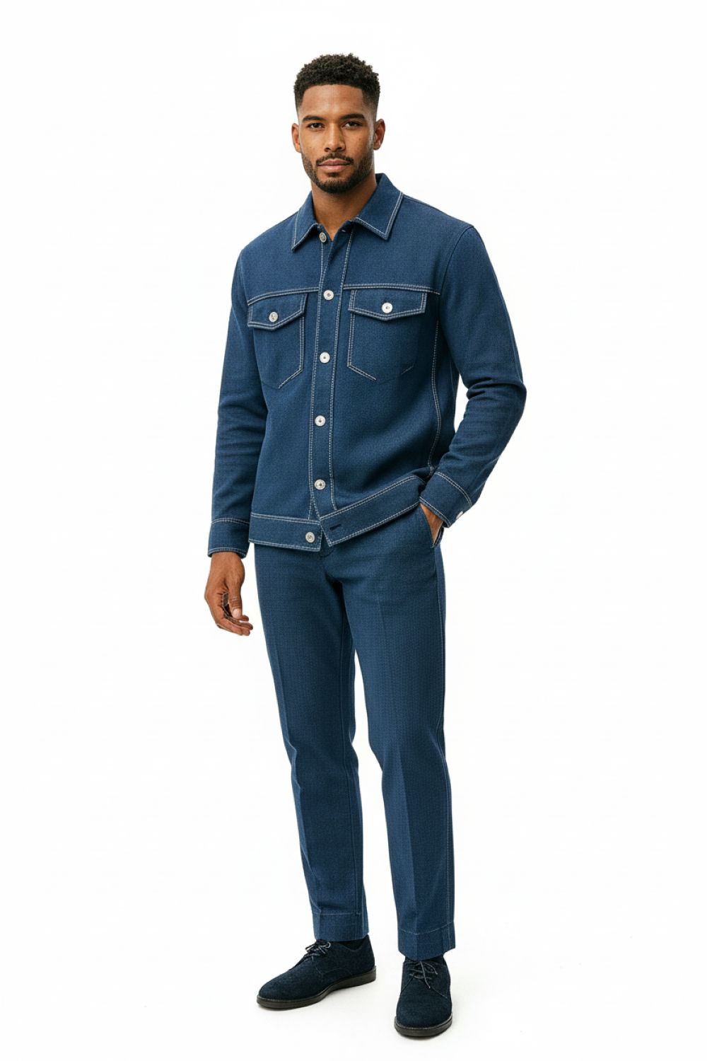 A man models a refined Stacy Adams indigo knit blazer. Premium style for the discerning gentleman.