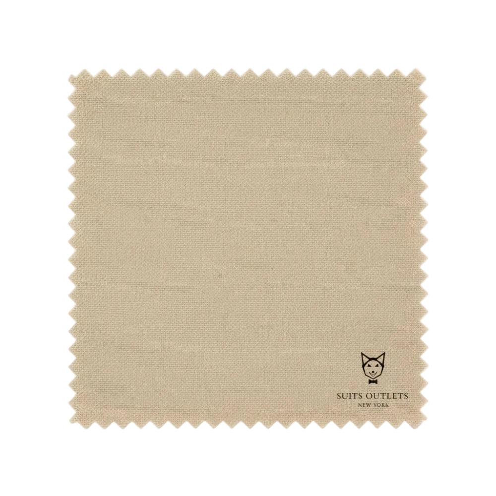 Beige fabric swatch with 'Suits Outlets New York' logo on a white background