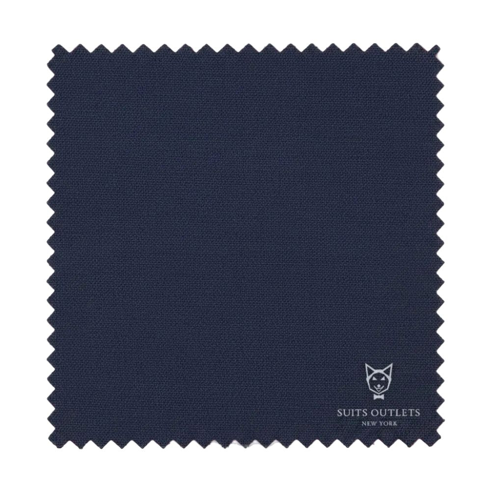 Navy fabric swatch with 'Suits Outlets New York' logo