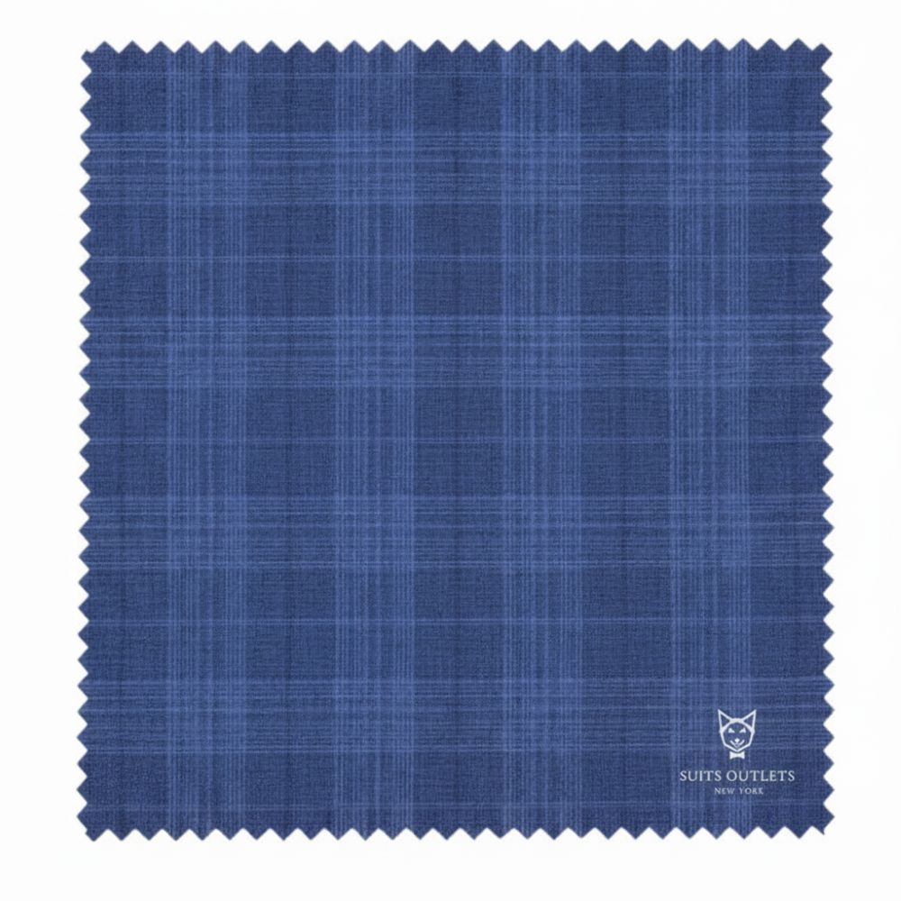 Detailed close-up of blue Glen Plaid fabric from Pompey Collection 2 Piece Regular Fit suit; includes pocket square.