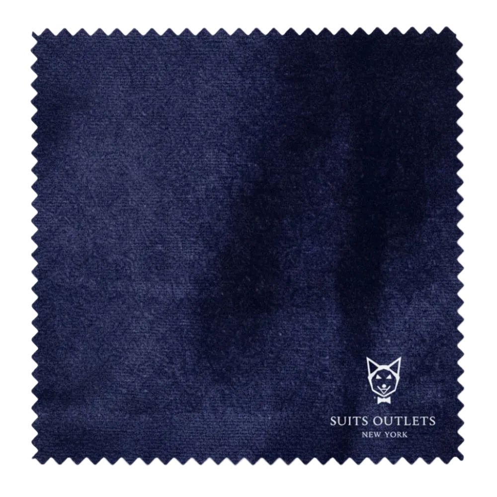 Navy blue fabric swatch with Suits Outlets New York logo