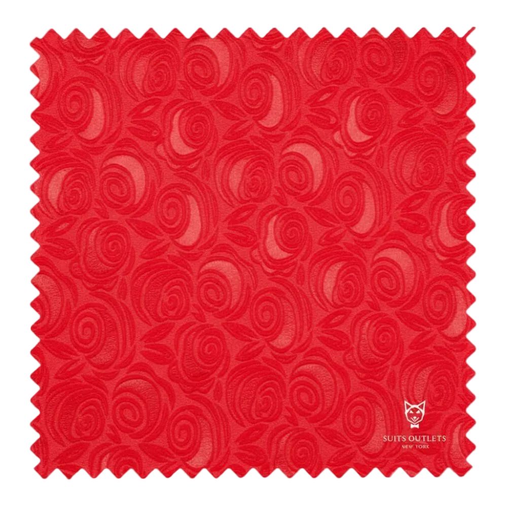 Red fabric with rose pattern and 'Suits Outlets' logo.