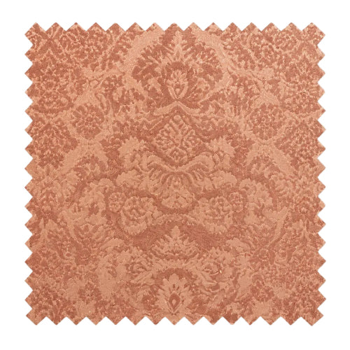 A square fabric or wallpaper swatch with a serrated zigzag edge, featuring a dusty rose and terracotta damask pattern on a white background.
