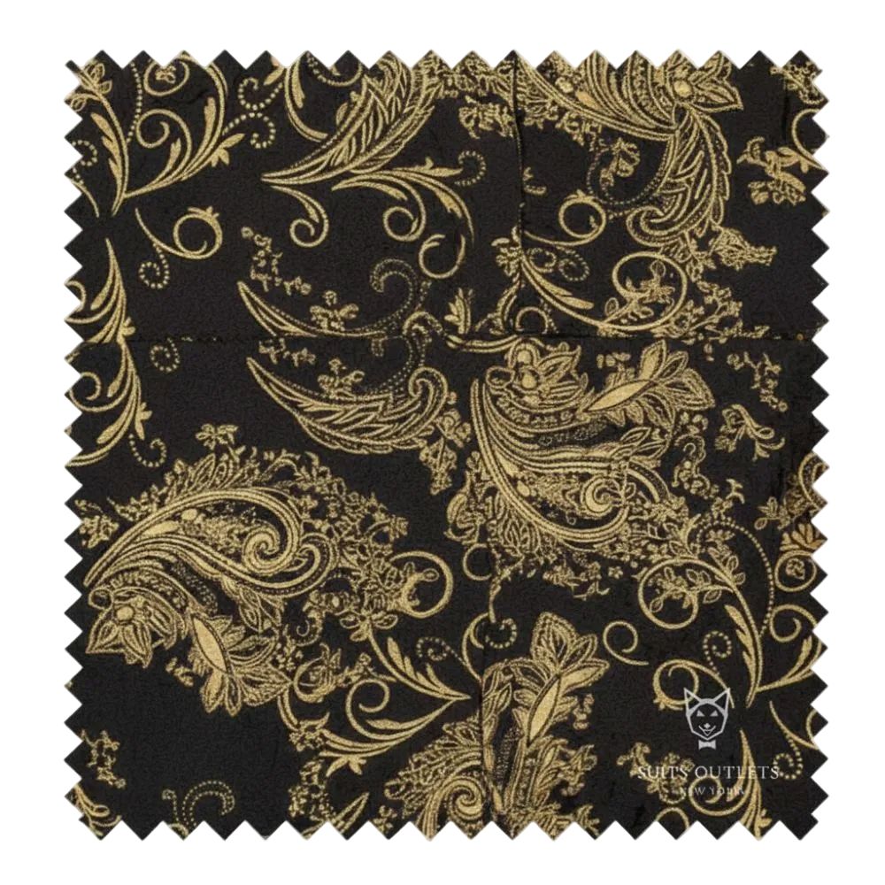 Gold paisley pattern on black fabric swatch