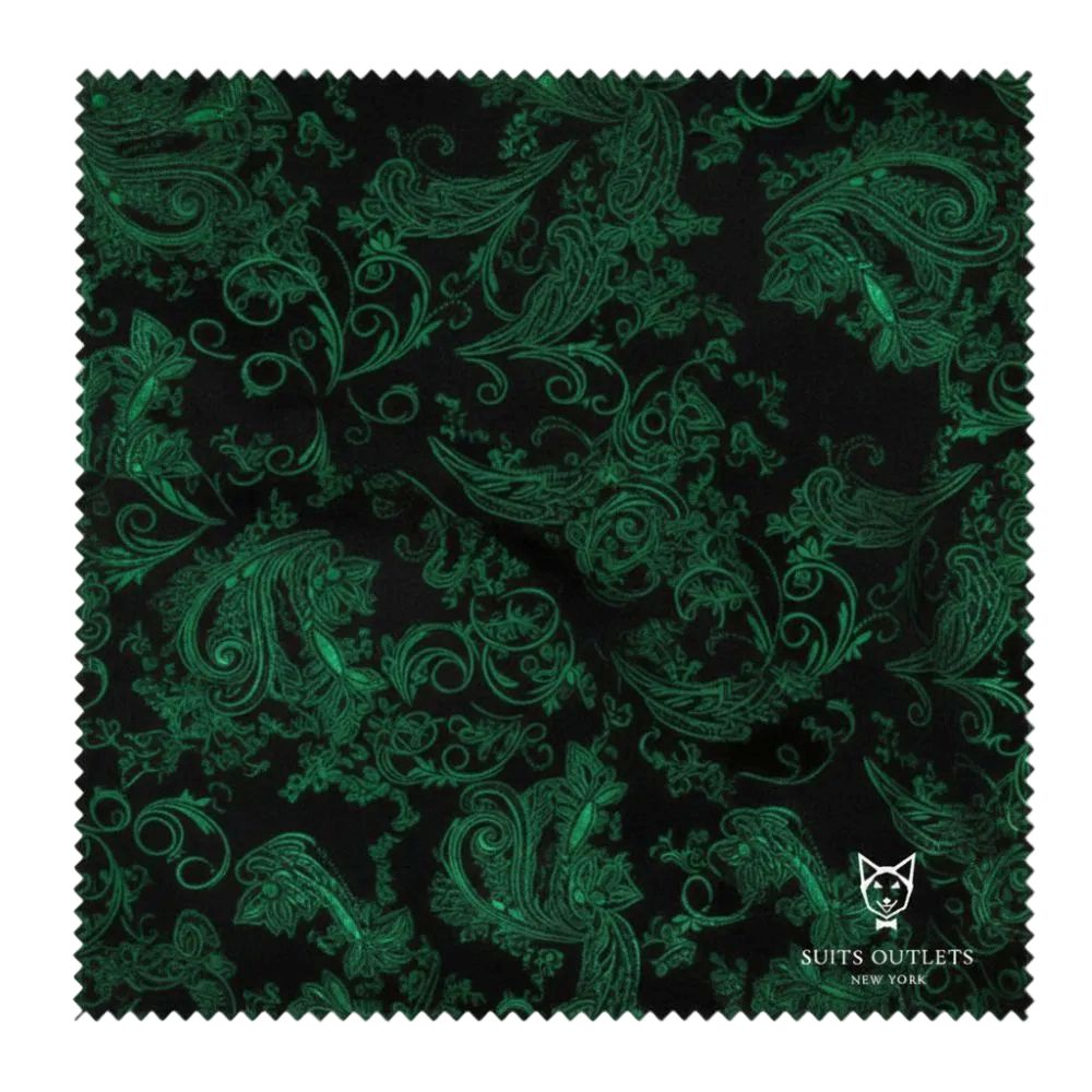 Green paisley pattern fabric swatch with 'Suits Outlets' branding.