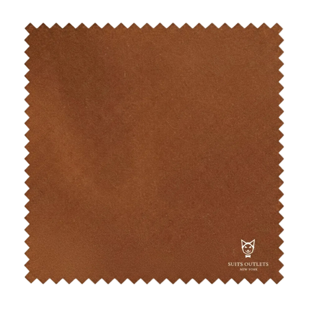 Brown fabric swatch with 'Suits Outlets New York' logo on a white background