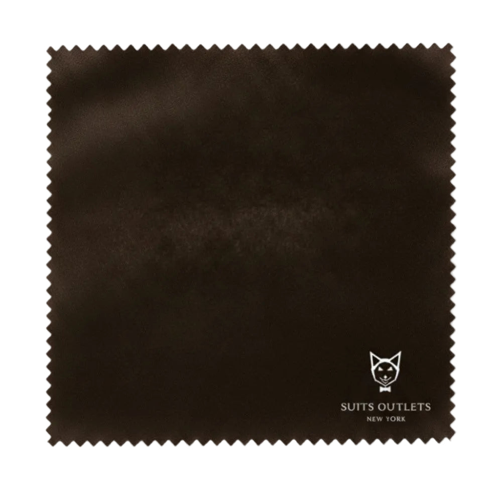 Dark brown fabric swatch with 'Suits Outlets' logo on a white background