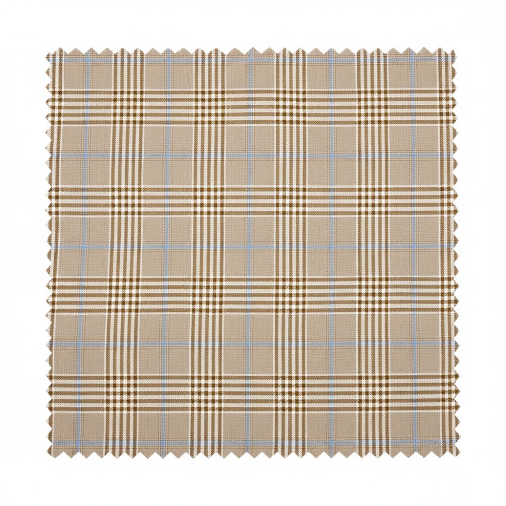 Plaid fabric swatch with beige and blue pattern on a white background