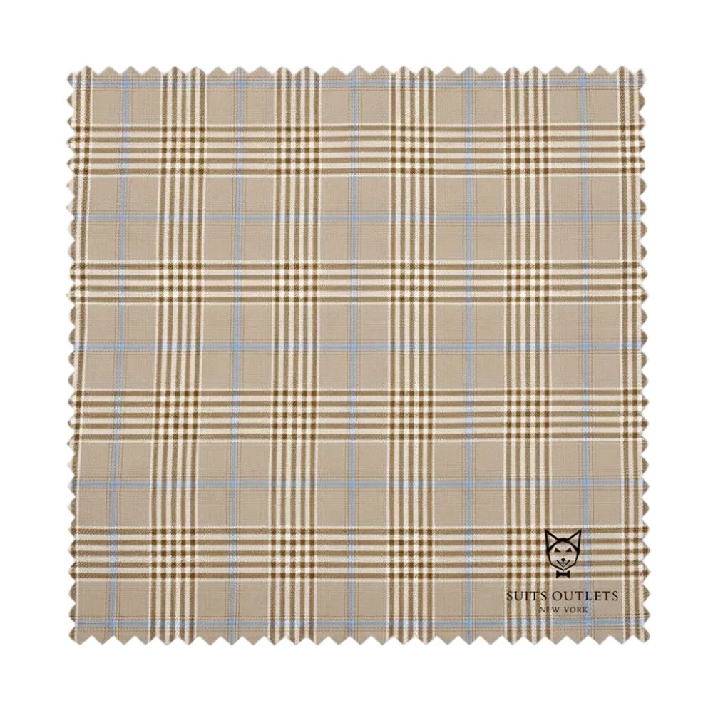 Beige and blue plaid fabric swatch with Suits Outlets branding.