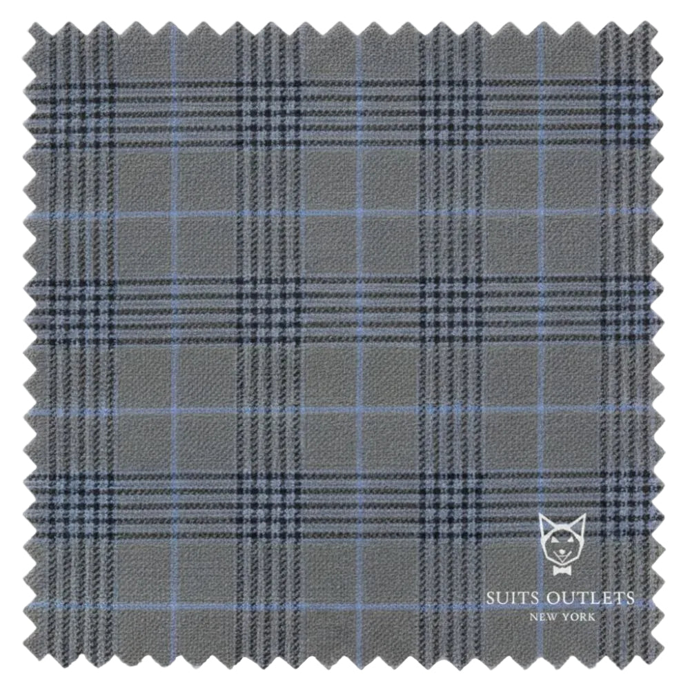 Close-up of charcoal tone-on-tone windowpane checkered fabric from Alexander Collection double-breasted 2 piece suit.