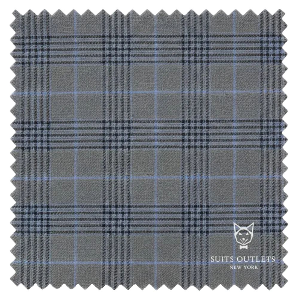 Gray plaid fabric swatch with a small logo and text on a white background