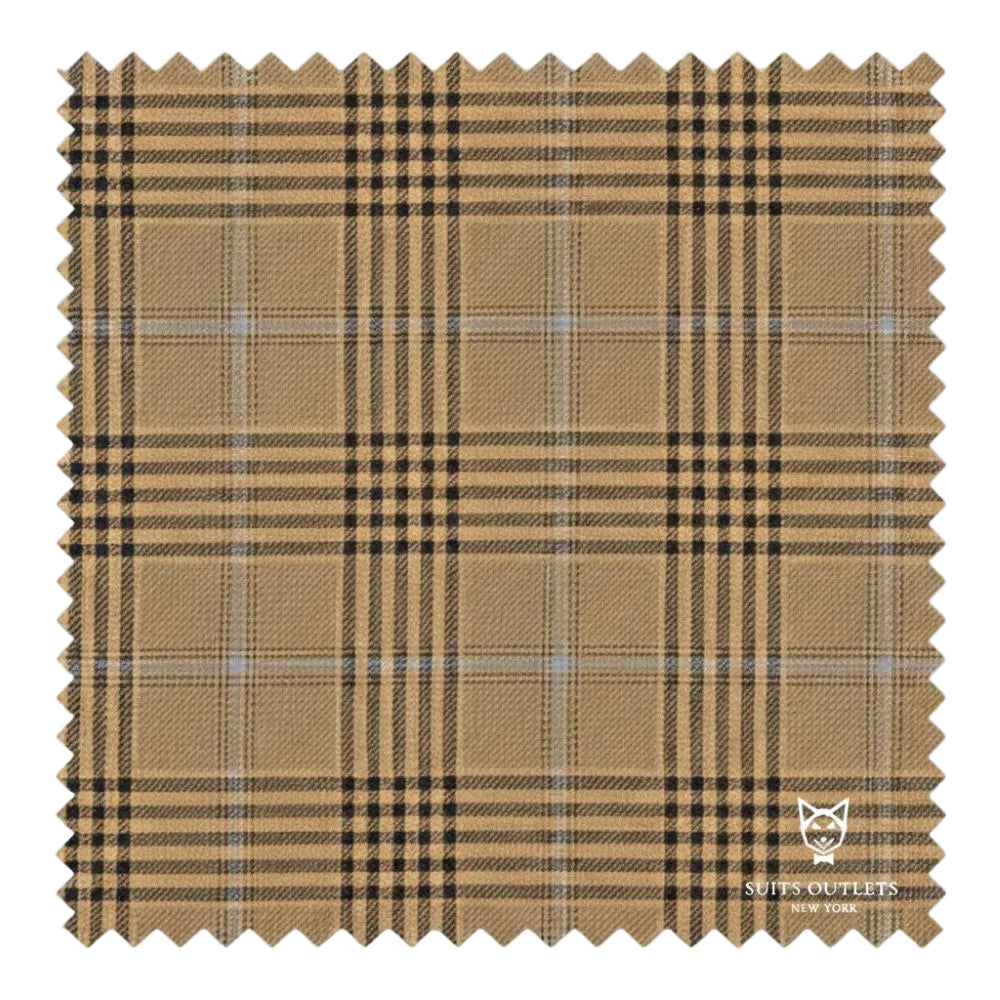 Detailed close-up of Alexander Collection Mocha suit fabric, with a Tone on Tone Windowpane checkered pattern.