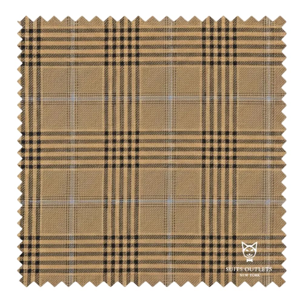 Brown plaid fabric swatch with 'Suits Outlets' logo in the corner.